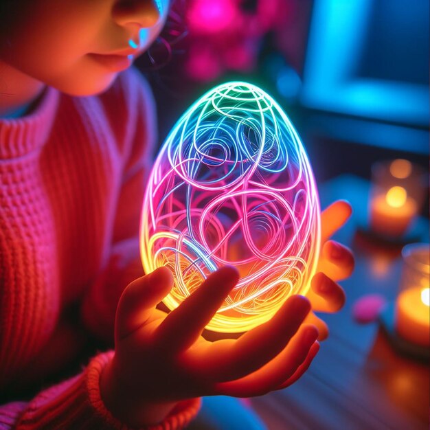 Childs hand holding the neon Easter egg