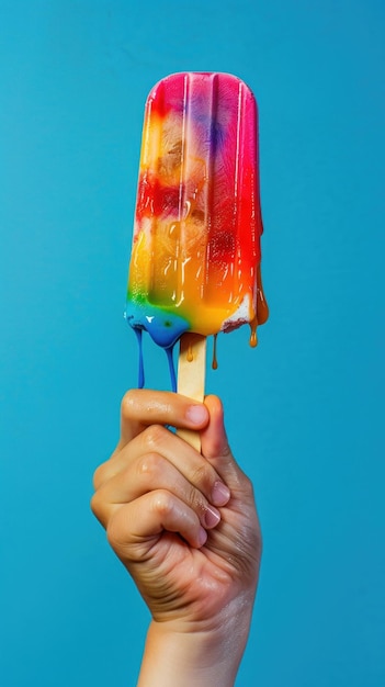 Foto childs hand met een smeltende popsicle levendige kleuren druppelen