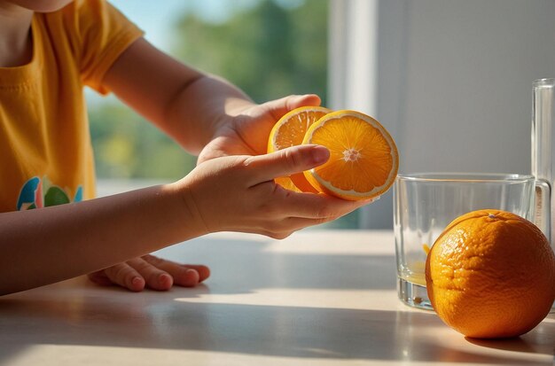 A childs hand reaching for a glass of orange ju