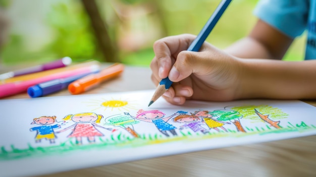 Photo a childs hand sketching an adorable picture of children cuddling with cute animals fostering