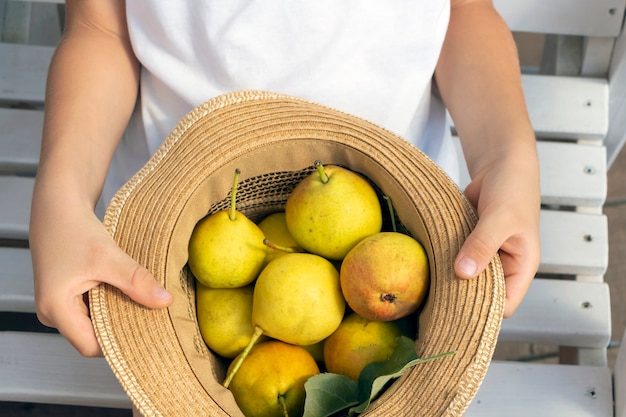 Childs handen met hoed met rijpe biologische peren. Kid tuinieren en oogsten. Concept van gezonde biologische groenten voor kinderen. Vegetarisme voor kinderen. Shabby chique stijl