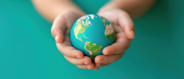 A childs hands cradling a small globe against a teal background