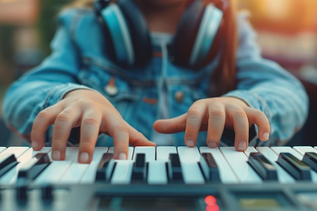 Photo the childs hands in a denim shirt playing the keyboards with gaming headphones