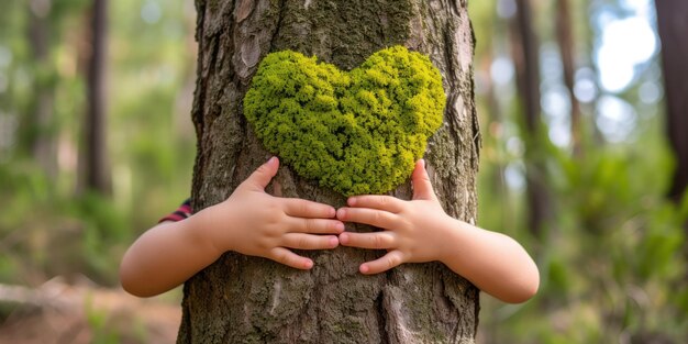 Le mani dei bambini afferrano un albero ricoperto di muschio a forma di cuore