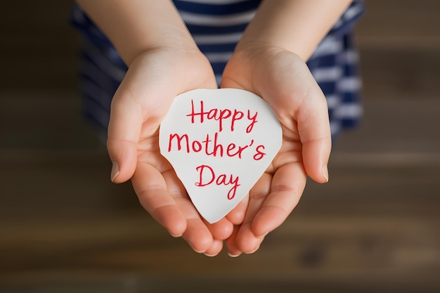 Childs hands hold a Happy Mothers Day message