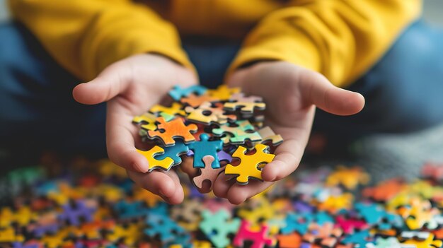 Foto le mani dei bambini tengono stretti i puzzle multicolori