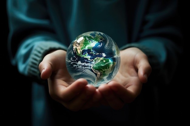 Childs hands holding earth global over blurred background Generative AI illustration