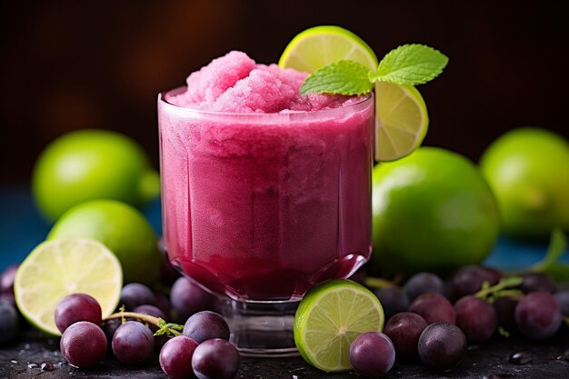 A childs hands holding a glass of grape juice with a smile