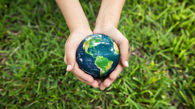 Photo a childs hands holding a globe against a green grass background