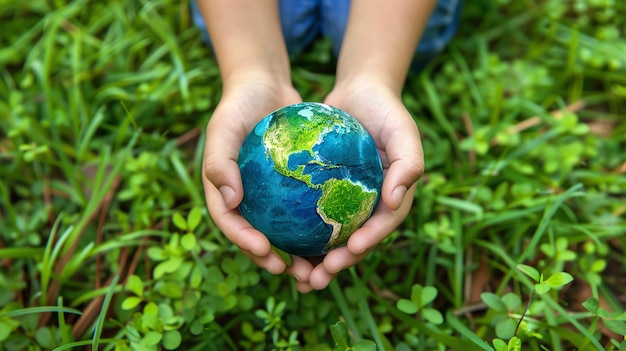 Photo childs hands holding a small globe in front of green grass