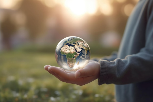 Childs hands holding transparent earth globe over blurred background Generative AI illustration