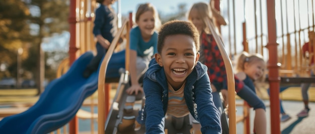 遊び場のスライドでの子供たちの喜び子供時代の喜びの純な表現