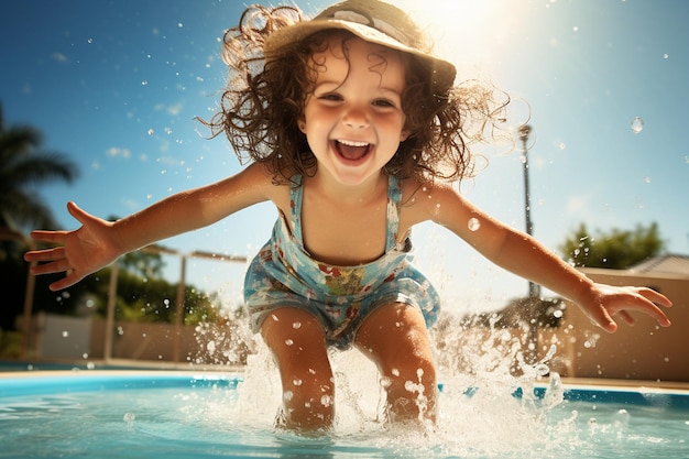 A childs joyous leap into a pool