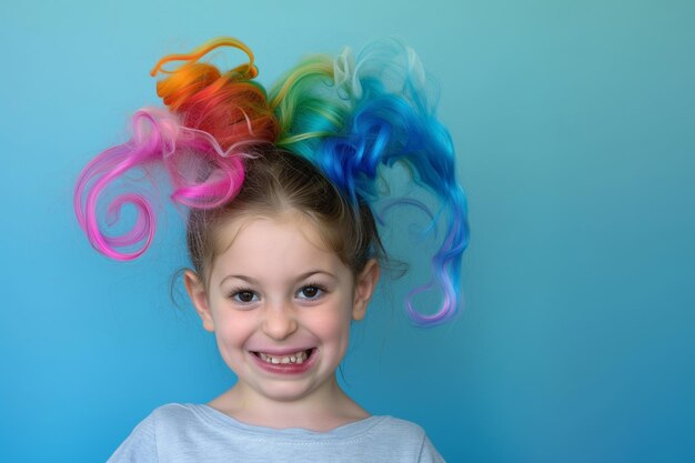 Фото Игровое выражение лица ребенка с радужной дымной кудрявицей для волос