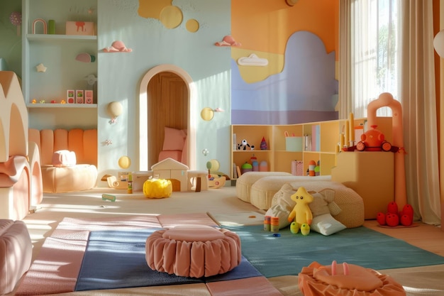 パステル色のおもちゃと家具を備えた子供の遊び部屋で創造性と落ち着きを強調しています