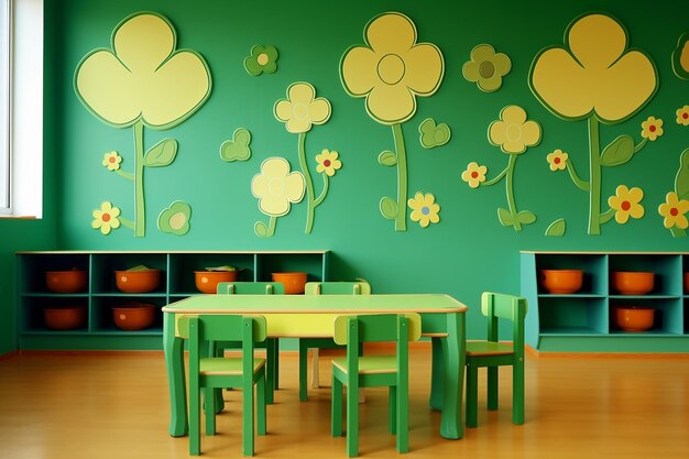 A childs playroom with shamrock wall decals
