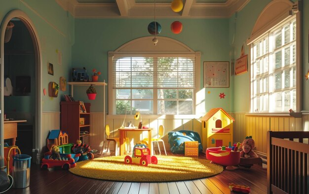 Childs room play area with morning sunlight