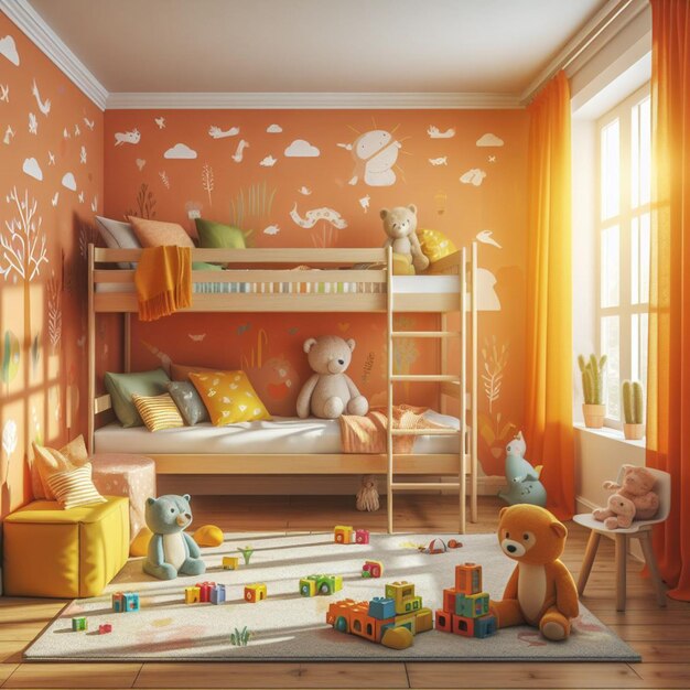 Photo a childs room with a bed a shelf a teddy bear and a window with a curtain that says quot the word q