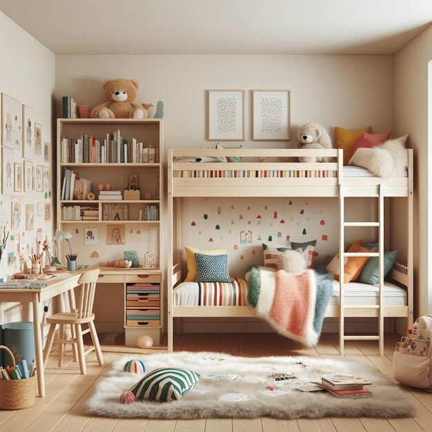 Photo a childs room with a bunk bed a shelf and a stuffed animal on the wall