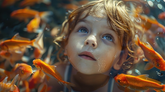 A childs serene watching of fish in an aquarium