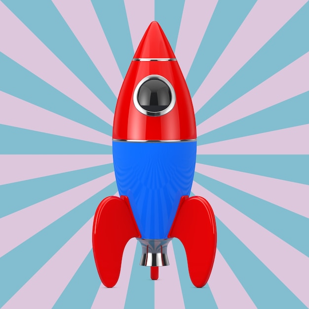 Childs Toy Rocket op een Vintage Star Shape roze en blauwe achtergrond. 3D-rendering