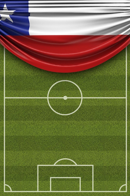 Chile country flag draped over a football soccer pitch 3D Rendering