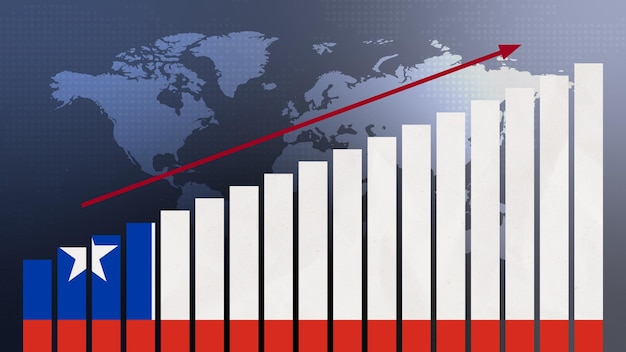 경제와 기업이 다시 문을 열면서 위기 및 기타 재앙 이후 경제 회복 및 비즈니스 개선 가치가 증가하는 막대 차트 개념의 칠레 플래그