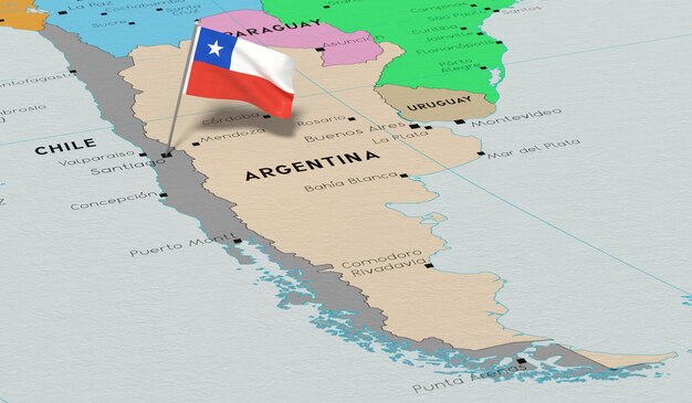 사진 칠레의 산티아고 국기가 정치 지도에 붙여진 3d 일러스트레이션