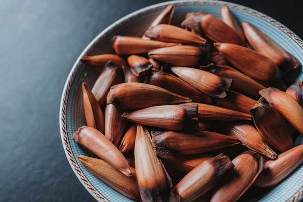 Chilean pine nuts, araucaria tree fruit, over in a blue bowl