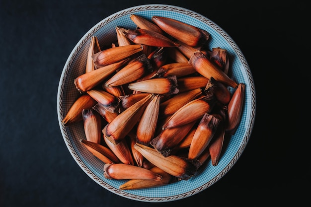 Chilean pine nuts, araucaria tree fruit, over in a blue bowl