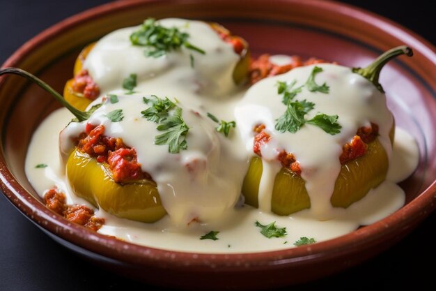 Photo chiles en nogada stuffed with ground meat and fru