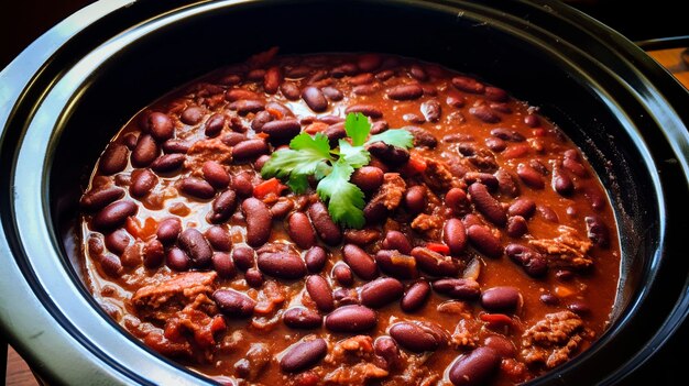 Foto fagioli di peperoncino con carne su un piatto focus selettivo