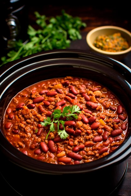 Photo chili beans with meat on a plate selective focus