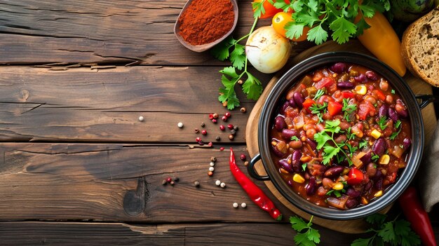 Photo chili beans on wooden table top view copy space