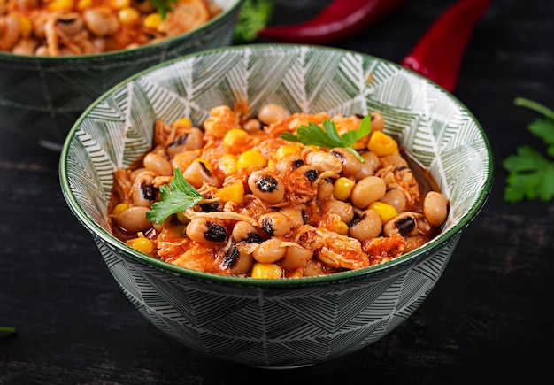 Chili con carne in bowl traditional dish of mexican cuisine