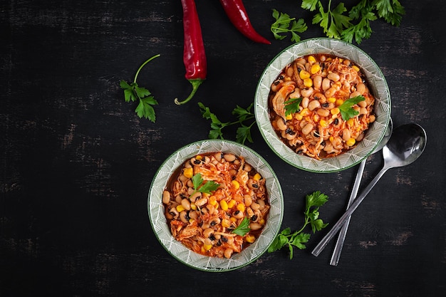 Chili con carne in bowl traditional dish of mexican cuisineTop view flat lay