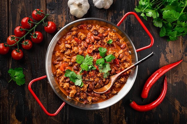 Chili con carne traditional mexican food top view