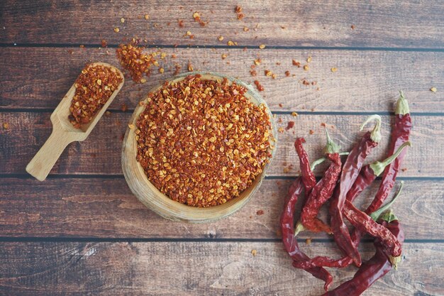 Chili flakes in a bowl on table