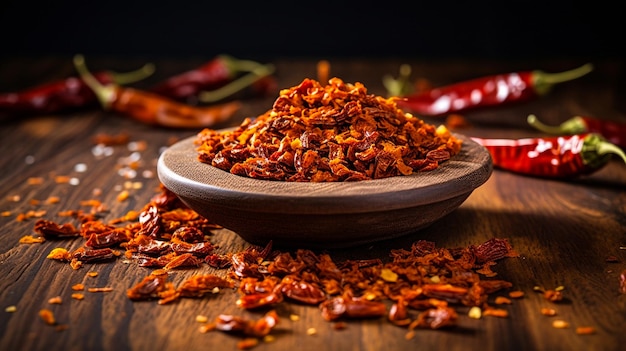 Chili flakes on wooden bowl with red chillies generative AI