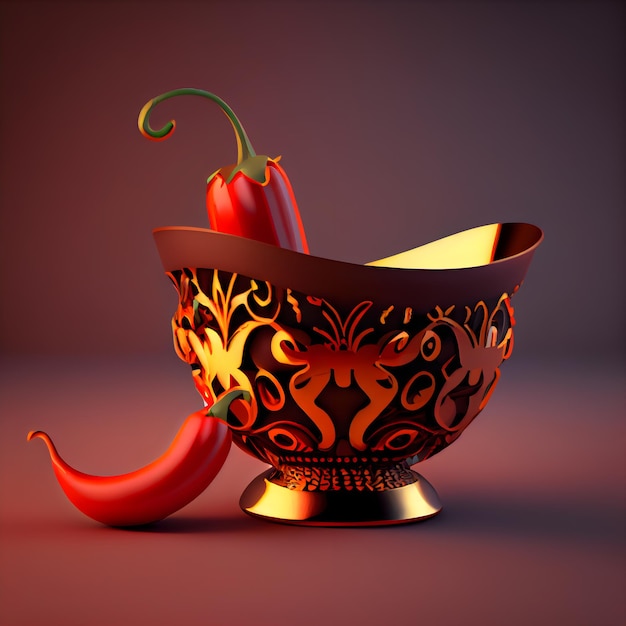 Chili oil and red pepper on dark background 3d illustration