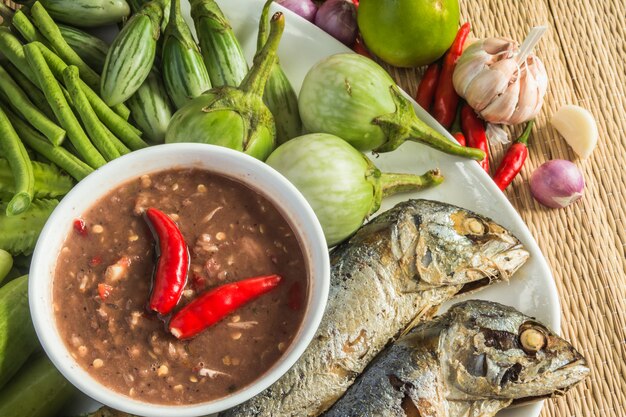 Chili paste and egg with fried mackerel, vegetable Thai food 