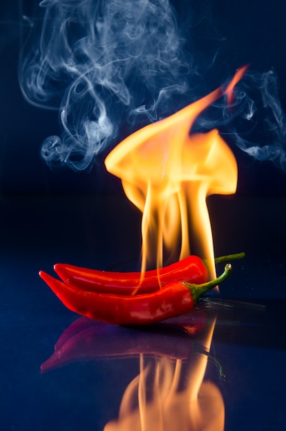 Chili pepper red on fire, burning pepper, hot pepper, on a red and black wall.	