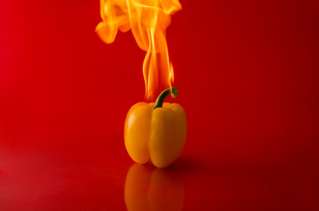 Photo chili pepper red on fire, burning pepper, hot pepper, on a red and black wall