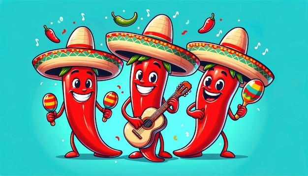 Chili peppers band with sombreros