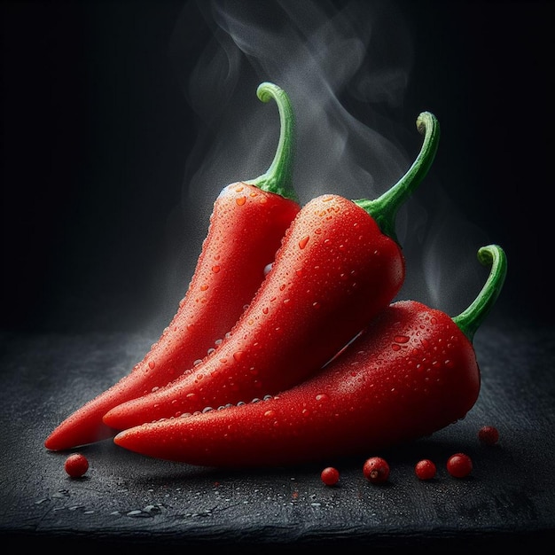 Chili peppers on a black background with water drop and smoke