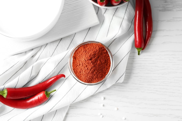 Chili powder in glass bowl on white striped fabric top view