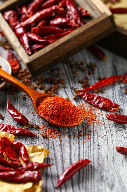 Chili powder in wooden spoon and dry pepper on grey wooden table