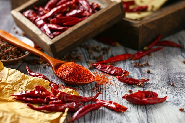 Foto peperoncino in polvere in cucchiaio di legno e pepe secco sul tavolo di legno grigio