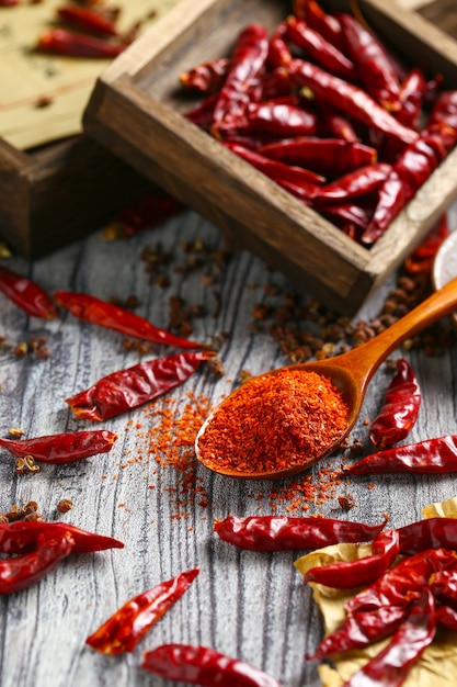 Foto peperoncino in polvere in cucchiaio di legno e pepe secco sul tavolo di legno grigio