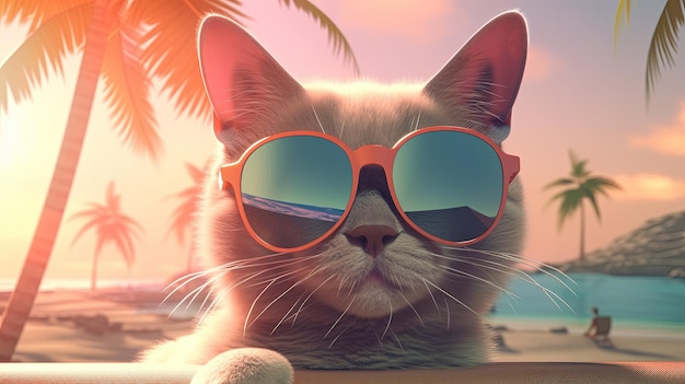 Chill cat tropische vibes digitale kunst illustratie Generatieve AI